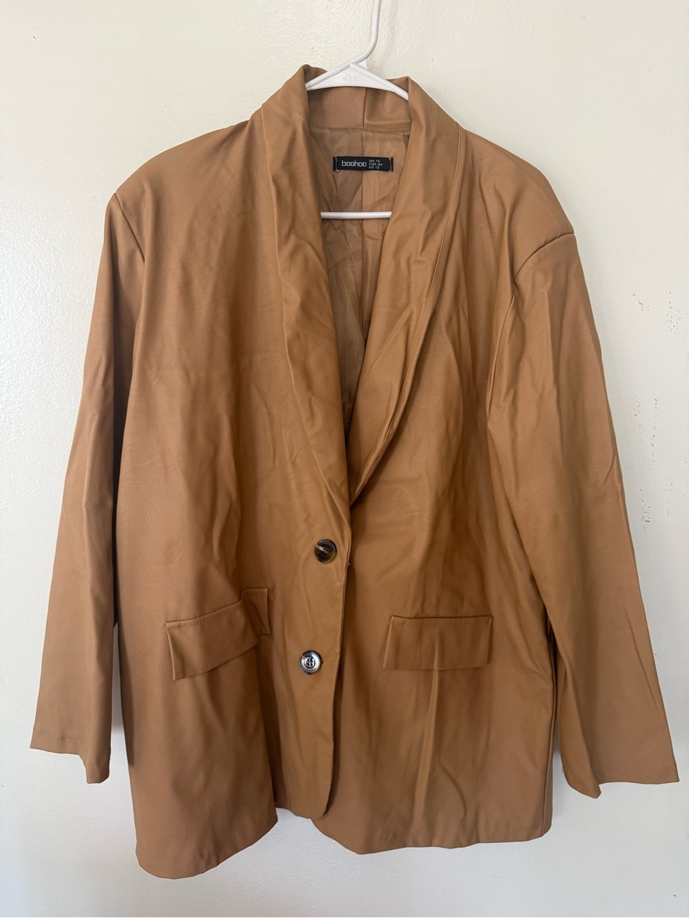 Boohoo Camel Single-Breasted Relaxed Faux Leather Blazer